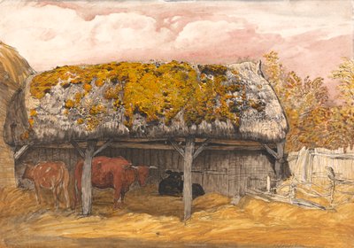 Ein Kuhstall mit moosigem Dach von Samuel Palmer
