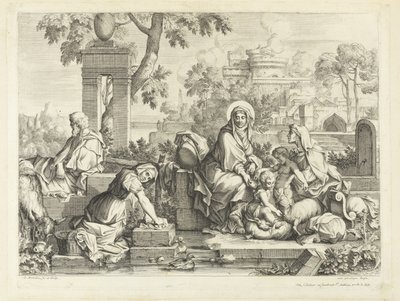 Die Heilige Familie am Waschplatz von Sébastien Bourdon