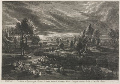 Landschaft mit Schäfer, der eine Flöte spielt von Schelte Adams Bolswert