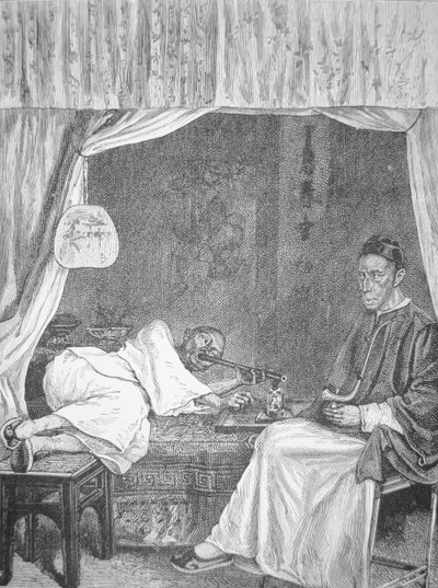 Chinesische Opiumraucher, Gravur von 1875 von School Chinese