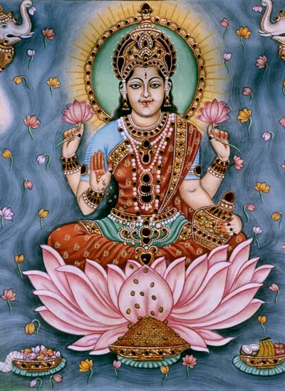 Göttin Lakshmi Miniaturmalerei auf Papier von School Indian