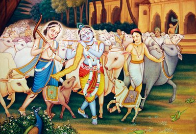 Krishna und Balram mit Gopal Miniaturmalerei von School Indian