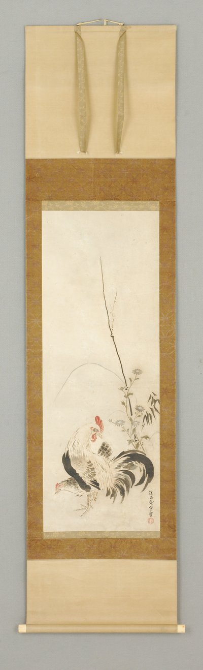 Kakemono, Hahn und Henne mit Blumen von Japanese School