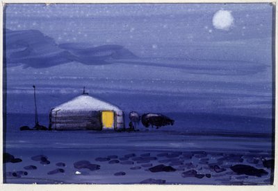 Mongolische Jurte bei Nacht - Mongolische Aquarellmalerei von School Mongolian