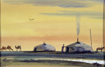 Jurten und Kamele, Mongolei - Mongolische Aquarellmalerei von School Mongolian