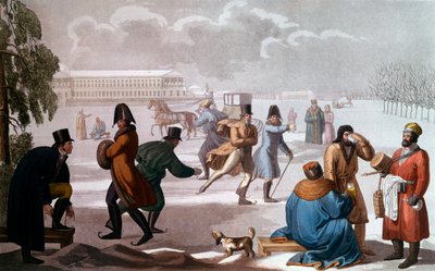 Schlittschuhläufer in Sankt Petersburg. Lithographie, Russische Schule von School Russian