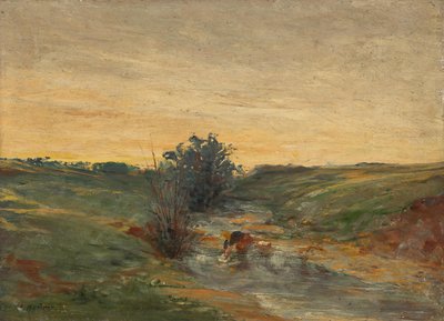 Wäscherin am Bach bei Sonnenuntergang von Serafin Maurer