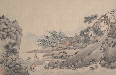 Landschaft mit Mann, der eine Brücke überquert von Shen Zhou