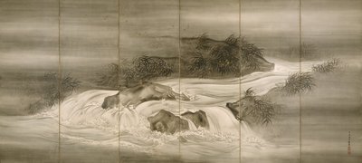 Flusslandschaft mit Glühwürmchen, 1874 von Shiokawa Bunrin