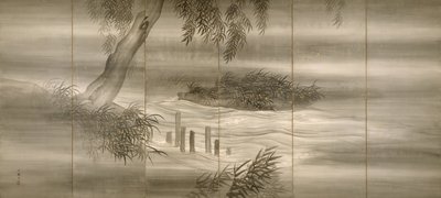 Flusslandschaft mit Glühwürmchen, 1874 von Shiokawa Bunrin