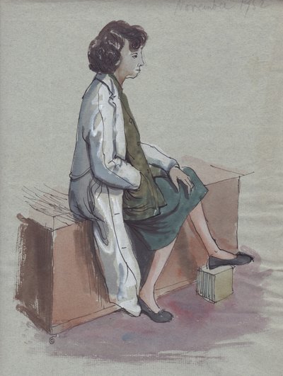 Sitzende Frau im weißen Mantel, 1952 von Shirley Markham