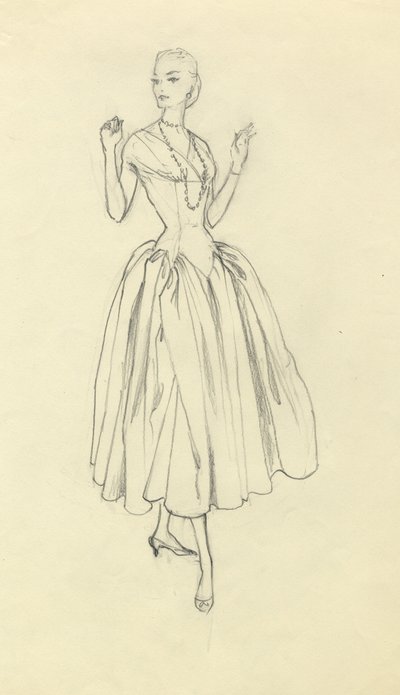 Frau im eng taillierten Kleid, ca. 1952 von Shirley Markham