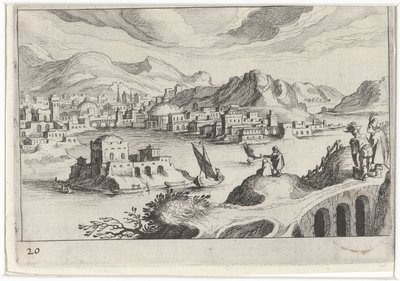 Stadtansicht in einem Flusstal von Simon Frisius