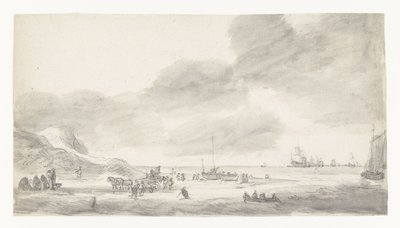 Strandansicht mit Muschelfischern und Spaziergängern von Simon de Vlieger (possibly)