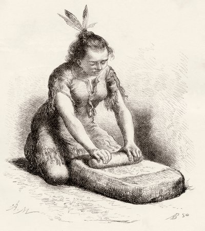 Eine einheimische Guayan-Frau beim Kornmahlen (Gravur) von Spanish School