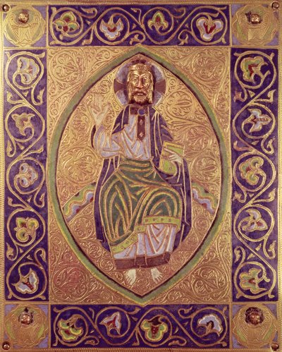 Plakette mit Darstellung von Christus, der segnet (Gold & Champlevé-Email) von Spanish School