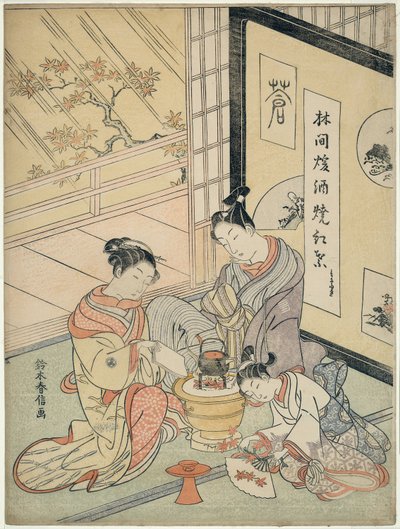 Brennende Ahornblätter zum Erwärmen von Sake von Suzuki Harunobu