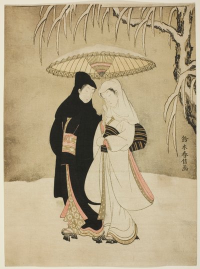 Liebende unter einem Regenschirm im Schnee von Suzuki Harunobu