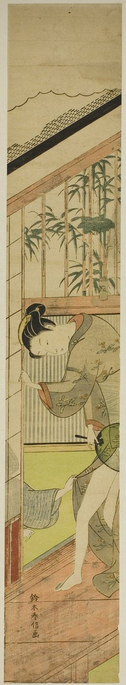 Mann zieht an einem Kimono einer Frau von Suzuki Harunobu