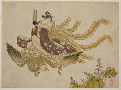 Junge Frau, die einen Phönix reitet von Suzuki Harunobu