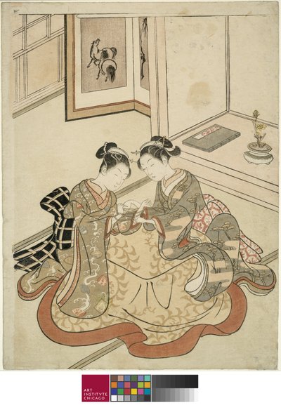 Junge Frauen spielen Fadenspiel, ca. 1767-68 von Suzuki Harunobu