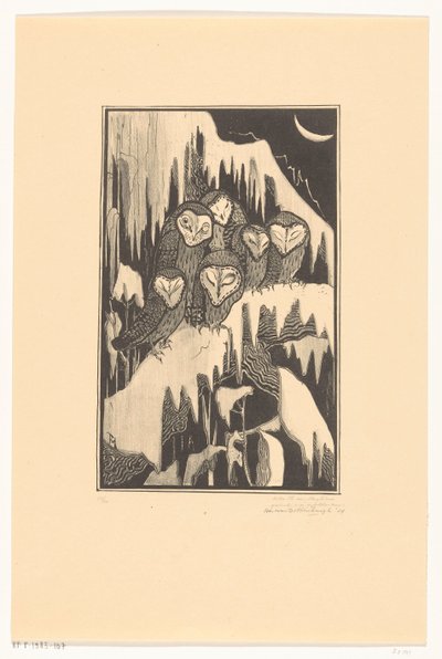 Sechs schlafende Schleiereulen auf verschneiten Ästen von Theo van Hoytema