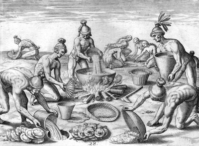 Timucua-Indianer bereiten ein Festmahl vor von Theodor de Bry