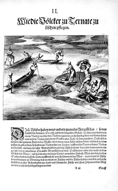 Fischen mit Indianern von Theodore de Bry