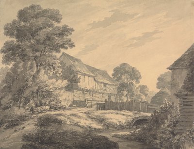 Bauernhaus und Gebäude an einem Bach von Thomas Hearne