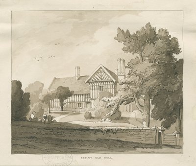 Betley Altes Herrenhaus: Sepiazeichnung, 1838 von Thomas Peploe Wood