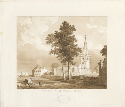 Rolleston Church: Rot-Sepiazeichnung, 1836 von Thomas Peploe Wood