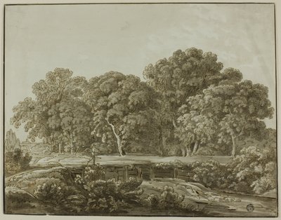 Landschaft mit Figur, die eine Brücke über einen Bach überquert von Thomas Sandby