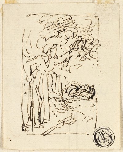 Skizze einer Figur, die sich auf einen Stock stützt von Thomas Stothard