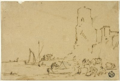 Fischer beim Einpökeln von Fisch am Wasserufer von Thomas Wyck