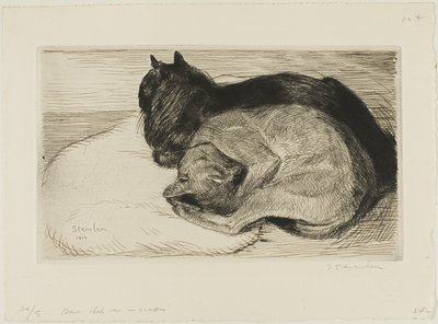 Zwei Katzen auf einem Kissen von Théophile Alexandre Pierre Steinlen