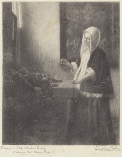 Frau, die Perlen wiegt von Timothy Cole after Johannes Vermeer