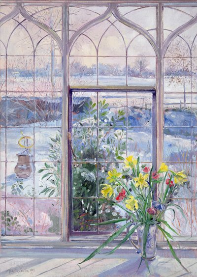Narzissen und Sonnenuhr im Schnee von Timothy Easton