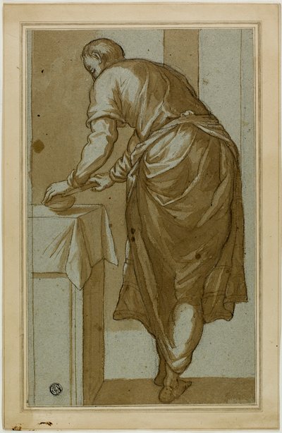 Stehender Mann von hinten gesehen, der Brot schneidet von Tintoretto