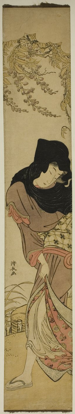Frau unter windgepeitschter Glyzinie von Torii Kiyonaga