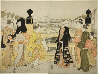 Frauen überqueren die Nihonbashi-Brücke von Torii Kiyonaga