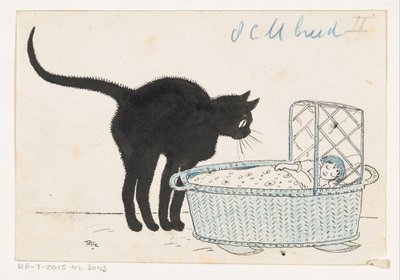Katze schaut in einen Puppenkorb von Totie (signed by artist)