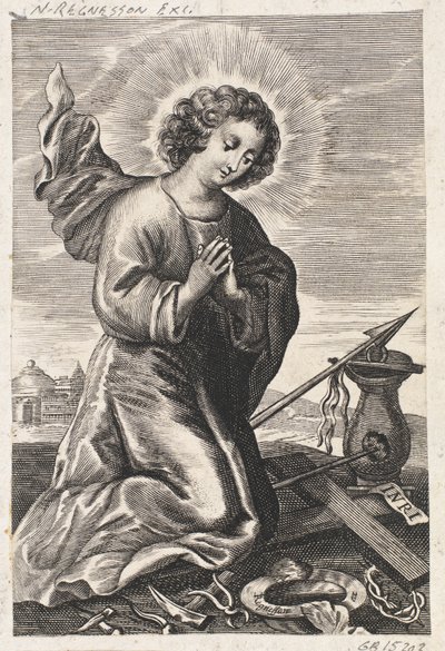 Das Jesuskind kniend vor den Leidenswerkzeugen von Ubekendt