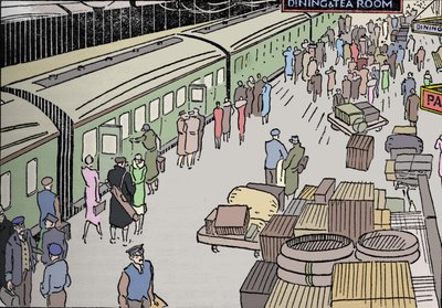 Illustration eines Bahnhofs aus den 1930er Jahren, 1937 von Unbekannt