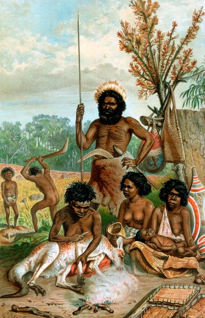 Australische Aborigines beim Schlachten eines Kängurus, 1885-1888 von Unbekannt