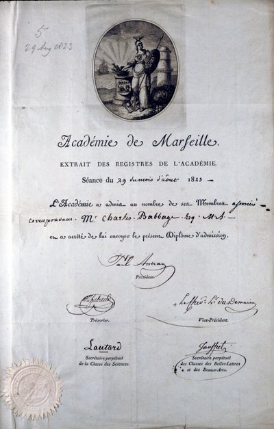 Babbage-Diplom von der Académie de Marseille von Unbekannt