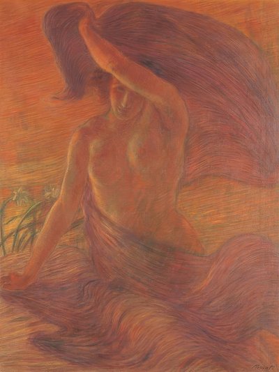 Oben-ohne Frau, die einen Schleier als Kleid trägt von Unbekannt
