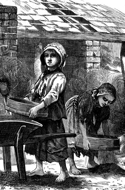 Barfüßige Mädchen sieben Staub in einer Ziegelei, 1871 von Unbekannt