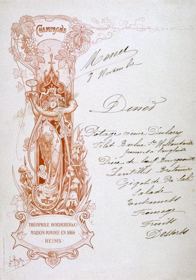 Champagner-Werbung auf einer Speisekarte, 19. Jahrhundert von Unbekannt