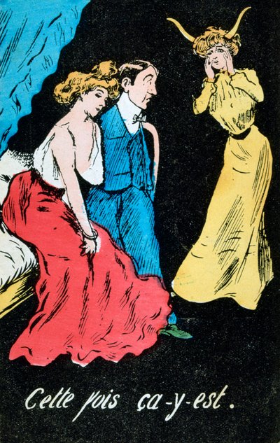 Französische Ehebruch-Karikatur-Postkarte, um 1900 von Unbekannt