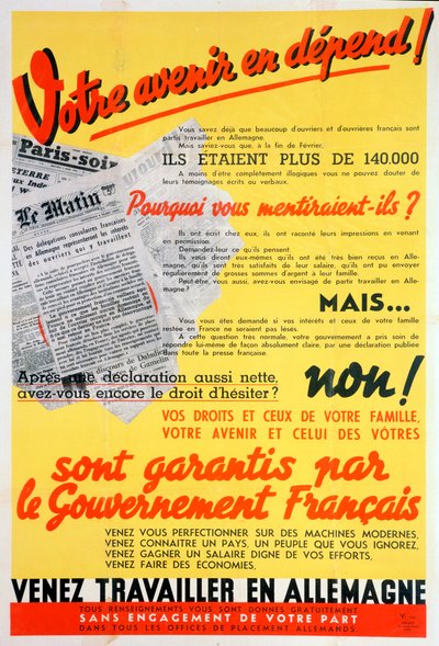 Französische Arbeiter für Deutschland Plakat, ca. 1942-1944 von Unbekannt